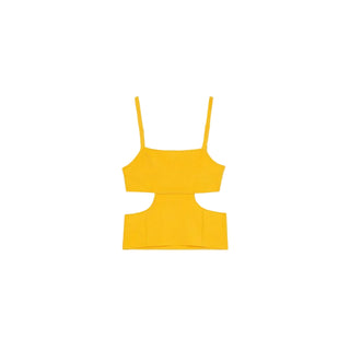 Yellow crop top with thin straps on a light gray background