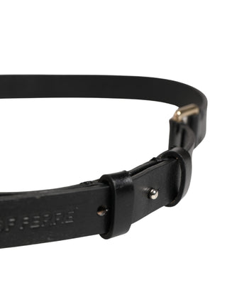 GF Ferre Black Leather Thin Gold Metal Brass Buckle Waist Belt