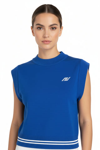 Blue sleeveless top with a logo on a white background