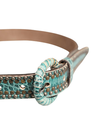 Scervino Street Women Green Leather Croco Print Studded Belt