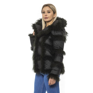 Mr&Mrs Italy Black Poly Jacket with Lamb Fur Hood for Women