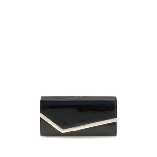 A glossy black patent leather clutch wallet with a silver chevron accent on the front, set against a plain white background.