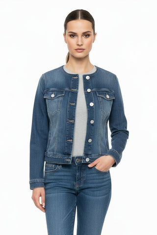Blue denim jacket on a white background