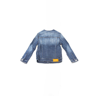 A blue denim jacket shown from the back, laid flat on a solid white background. The jacket features a classic round neckline, long sleeves with buttoned cuffs, and a small yellow brand patch near the lower back.