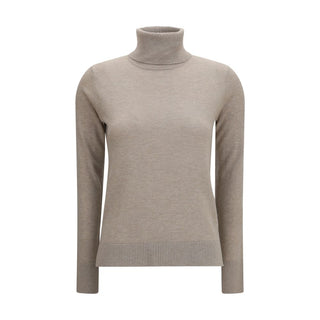 A light taupe knit turtleneck sweater displayed on a clean white background.