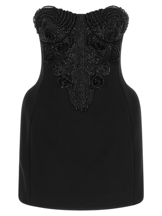 A black strapless mini dress featuring an elaborate, textured beaded and sequined floral corset-style bodice overlay, shown against a plain white background.
