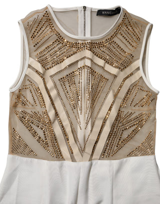 Mangano White Beige Mesh Crystal Embellished Sleeveless Jumpsuit