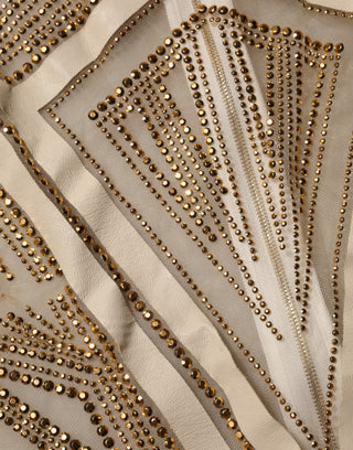 Mangano White Beige Mesh Crystal Embellished Sleeveless Jumpsuit