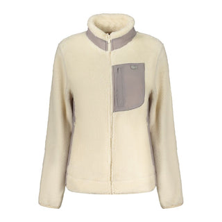 A cream-colored sherpa fleece jacket with a gray chest pocket and collar trim, shown against a plain white background.