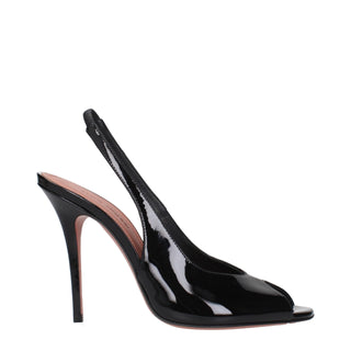 Amina Muaddi Black Leather Stiletto Heel Sandals